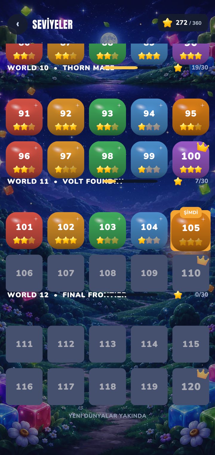 GlowCubes level map with star ratings across worlds