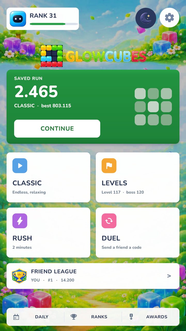 GlowCubes home screen in the light theme: saved run, Classic, Levels, Rush and Duel cards